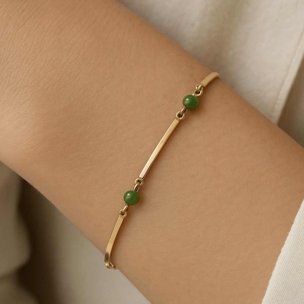 Vintage Jade Bead Bracelet Gold Bar Link Minimalist Mid Century